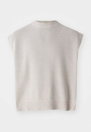 Light beige knitted sleeveless top with a ribbed hem and round neck. Features a textured pattern and a loose-fitting design.