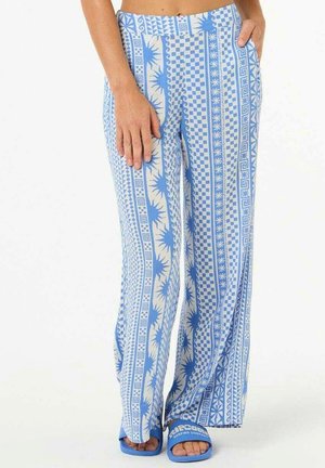 Helle blaue, gemusterte Weitbein-Hosen mit einer Mischung aus geometrischen und floralen Designs, mit hoher Taille und seitlichen Taschen.