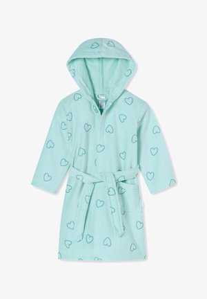 A mint green bathrobe with a hood, made from soft terry cloth, featuring blue heart patterns, long sleeves, and a tied waist belt.