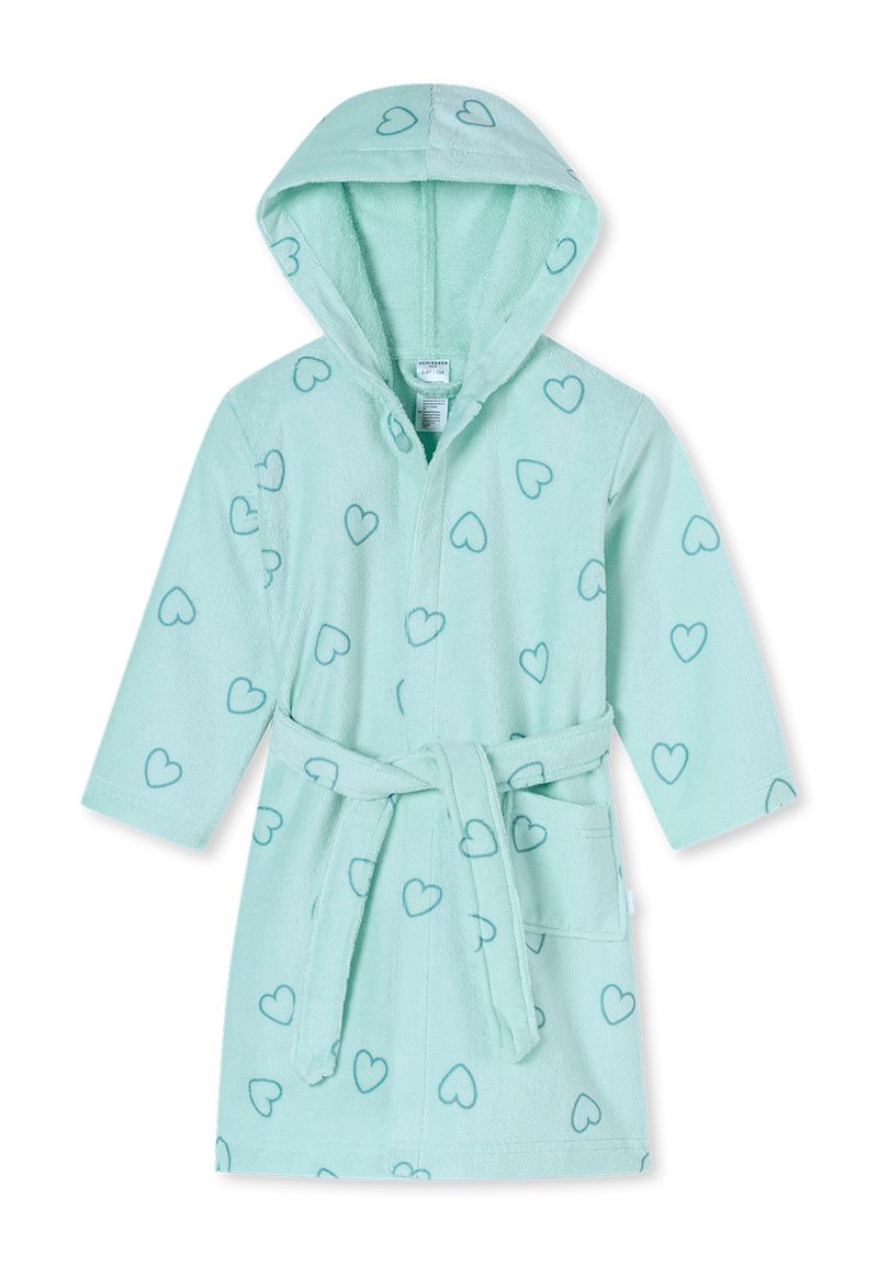 Un accappatoio verde menta con cappuccio, realizzato in morbido tessuto spugna, con motivi a cuori blu, maniche lunghe e una cintura annodata in vita.