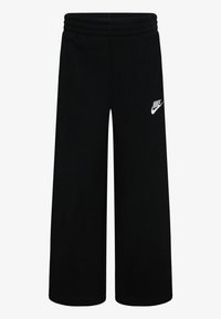 Calças de treino Nike pretas com corte largo, cintura elástica e detalhe em logo branco na perna esquerda; feitas de um tecido suave e liso.