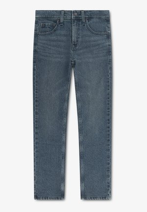 Blå denim-jeans med lige ben, forlommer og møntlomme, bæltestropper og knaplukning i taljen.