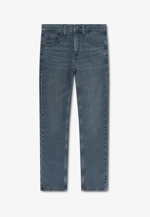 Jean en denim bleu à jambes droites avec poches avant et poche à monnaie, passants de ceinture et fermeture par bouton à la taille.