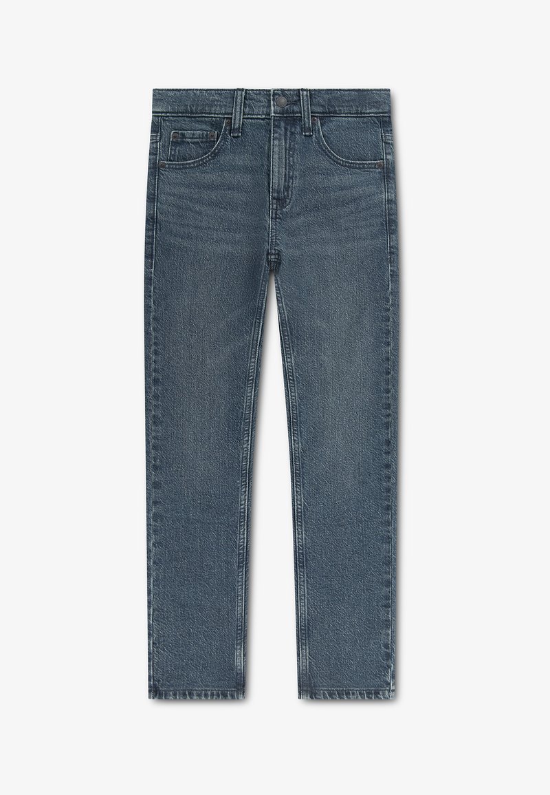 Jean en denim bleu à jambes droites avec poches avant et poche à monnaie, passants de ceinture et fermeture par bouton à la taille.