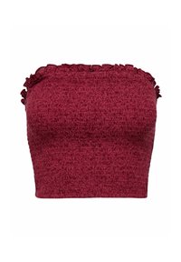 Bordeaux strapless top med en tekstureret overflade og volanger langs halsudskæringen. Tæt siddende design, minimalistisk og alsidig.