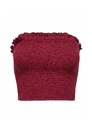 Bordeaux strapless top med en tekstureret overflade og volanger langs halsudskæringen. Tæt siddende design, minimalistisk og alsidig.