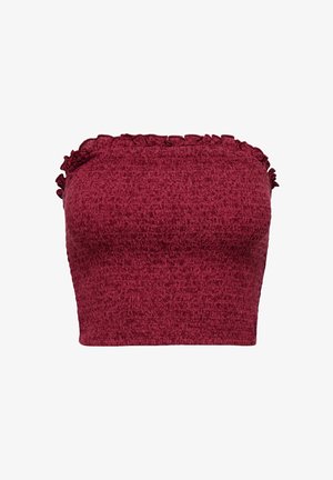 Top strapless burdeos con acabado texturizado y detalles de volantes en el escote. Diseño ajustado, minimalista y versátil.