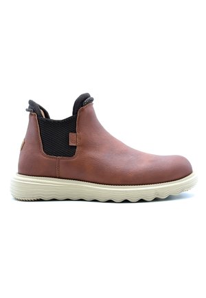 Brown leather ankle boot with a textured black elastic side, cream cushioned sole, and a smooth rounded toe. Features a pull tab on the heel.