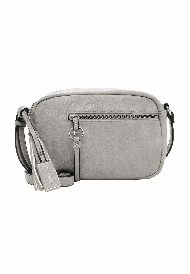 Graue synthetische Umhängetasche mit glatter Oberfläche, rechteckiger Form, Frontreißverschlusstasche und verstellbarem Riemen. Mit Logoetikett versehen.