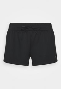 Schwarze sportliche Shorts mit elastischem Bund und Kordelzug. Hergestellt aus einem glatten, leichten Stoff, mit Seitentaschen und einem kleinen Logo.
