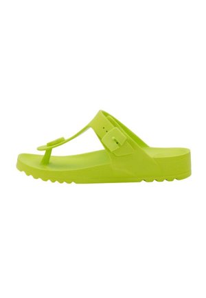 Bright green thong sandal with adjustable buckle strap and textured sole, designed for casual wear.