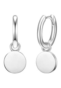 Hõbedased kõrvarõngad ringikujulise riputusega, millel on sile ja peegeljad pind ning rõnga kinnitamine kindlaks kandmiseks.