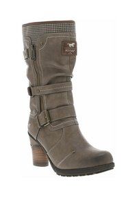 Botte en cuir marron d'une hauteur mi-mollet, avec un talon empilé, des boucles décoratives et une fermeture éclair. Présente un dessus à motif pied-de-poule.