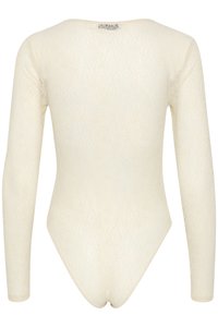 Long-sleeve bodysuit in cream lace, featuring a fitted design, scoop neckline, and seamless back, with a delicate floral pattern throughout.