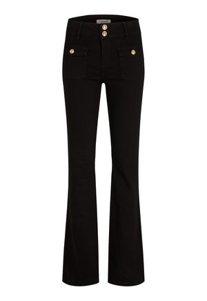 Jeans neri a zampa con due tasche frontali, dettagli con bottoni dorati e design a vita alta. Tessuto liscio e taglio dritto.