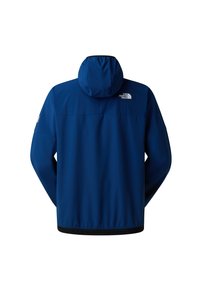 Modrá lehká bunda s kapucí, elastickými manžetami a černým lemem. Na horní části zad a ramene je logo. Tkanina s hladkou texturou.