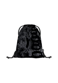 Borsa a cordino nera con un motivo testurizzato e in rilievo che ricorda i circuiti. Include un cordone grigio e una chiusura con toggle regolabile.