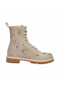Beige combat boot with floral patterns, round toe, and reinforced stitching. Thick rubber sole, lace-up design, and pull tab at the back.