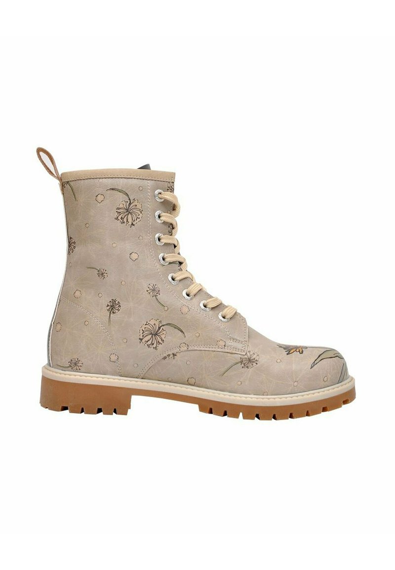 Beige combat boot with floral patterns, round toe, and reinforced stitching. Thick rubber sole, lace-up design, and pull tab at the back.