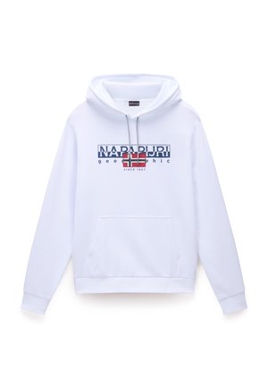 White hooded sweatshirt featuring a front kangaroo pocket and a printed logo in blue and red, with "NAPAPIJRI geographic since 1987."