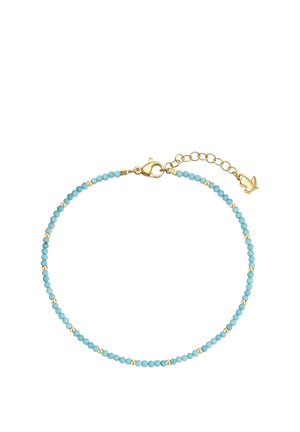 Bracelet délicat avec de petites perles turquoises rondes espacées par des perles dorées et un fermoir mousqueton doré avec une chaîne réglable se terminant par un pendentif feuille dorée.