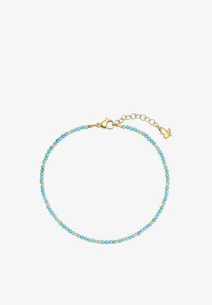 Delicaat armbandje met kleine ronde turquoise kralen, gescheiden door gouden kralen en een gouden karabijnsluiting met een verstelbare ketting die eindigt in een gouden bladbedel.