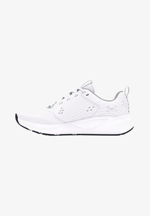 White athletic shoe with a breathable mesh upper, rubber sole, textured panel details, and a logo on the heel. Features lace closure.