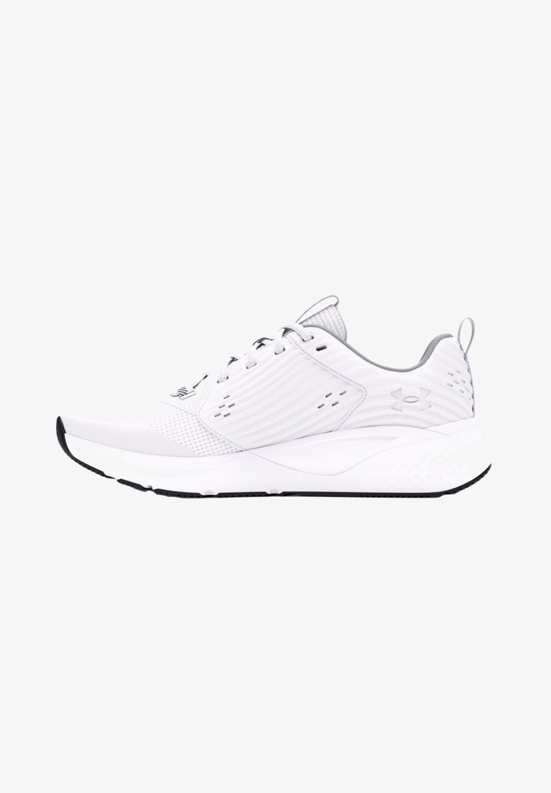 White athletic shoe with a breathable mesh upper, rubber sole, textured panel details, and a logo on the heel. Features lace closure.