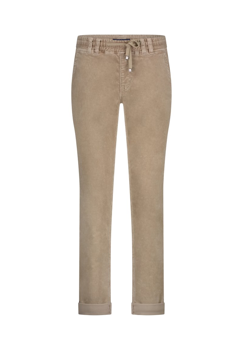 Lys beige fløjl bukser med snor i livet, lige pasform og op rullede ærmer, samt en blød ribbet tekstur.