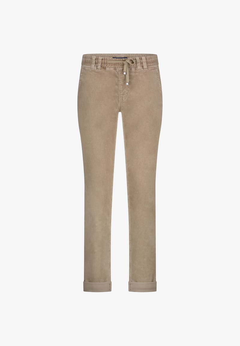 Lys beige fløjl bukser med snor i livet, lige pasform og op rullede ærmer, samt en blød ribbet tekstur.