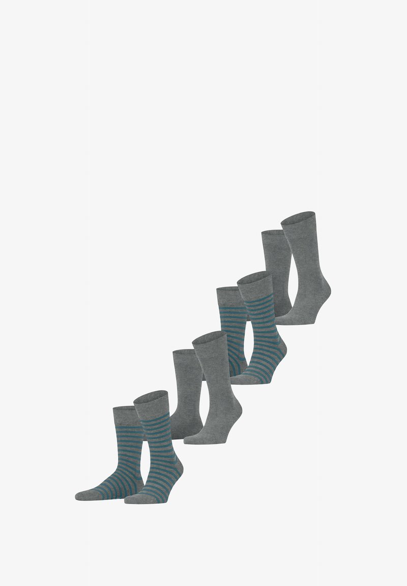 Grijze sokken met verschillende ontwerpen: effen grijs, donkergrijs met turquoise strepen, met geribbelde bovenkanten en een zachte textuur.