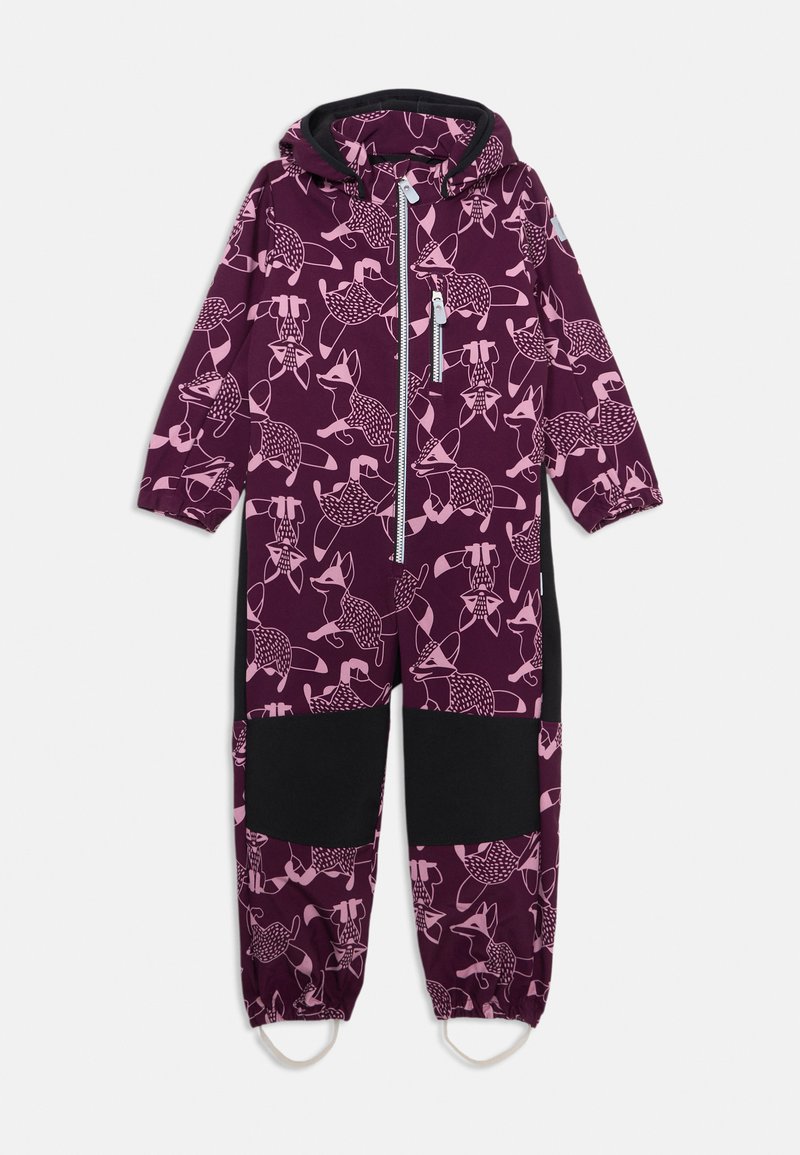 Purple one-piece jumpsuit with pink fox patterns, featuring a zip front, attached hood, and black accents at cuffs and pockets.
