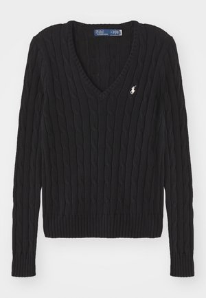 Suéter preto de malha canelada em forma de V com punhos e barra canelados. Apresenta um pequeno logótipo bordado no peito. Feito de fio texturizado.