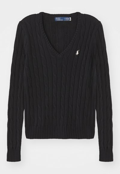 Black cable-knit v-neck sweater with ribbed cuffs and hem. Features a small embroidered logo on the chest. Made from textured yarn.