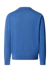 Pull tricoté bleu à manches longues avec encolure ras-du-cou et poignets et ourlet côtelés, vu de dos.