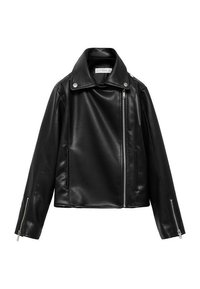 Giubbotto biker in ecopelle nera con zip frontale asimmetrica, colletto a scatto, polsini con zip e tasche frontali.