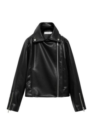 Schwarze Kunstleder-Bikerjacke mit asymmetrischem Reißverschluss, Druckknopfkragen, Reißverschluss an den Ärmelbündchen und Fronttaschen.
