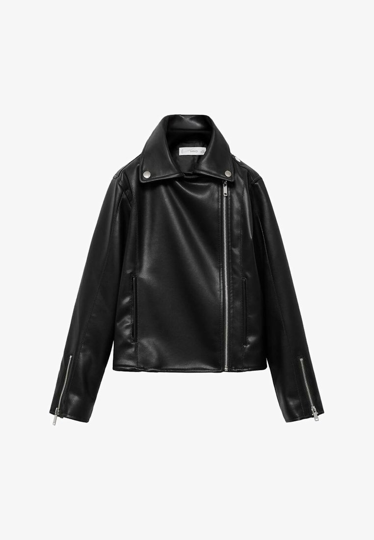 Černá umělá kožená motorkářská bunda s asymetrickým předním zipem, límcem na patentky, zipovými manžetami a předními kapsami.