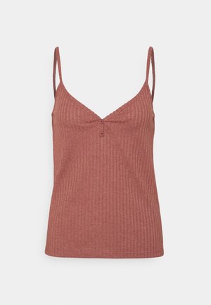 Geripptes ärmelloses Oberteil in staubigem Rosa mit einem V-Ausschnitt, verziert mit einem wellenförmigen Saum und zwei kleinen Knöpfen vorne.