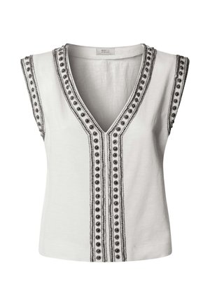 Witte mouwloze top met een diepe V-hals, versierd met symmetrische verticale rijen zwarte kralen en borduursel langs de halslijn en schouders.