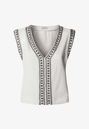 Witte mouwloze top met een diepe V-hals, versierd met symmetrische verticale rijen zwarte kralen en borduursel langs de halslijn en schouders.