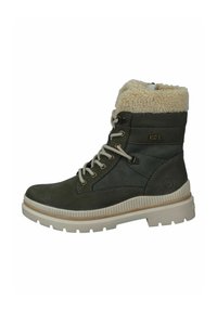 Botas de tobillo con cordones en cuero verde oscuro con un forro esponjoso de color crema, suela de goma beige y ojales de metal. Detalles en superficie texturizada.