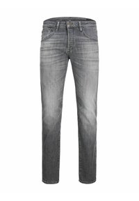 Jeans din denim gri estompat, cu croială dreaptă, design cu cinci buzunare și accesorii din metal. Textură netedă, talie medie și detalii cusute.