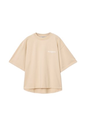 Beige oversized t-shirt i bomull, med rund halsringning och korta ärmar. Texten "ALLSAINTS" tryckt i vitt på bröstet.
