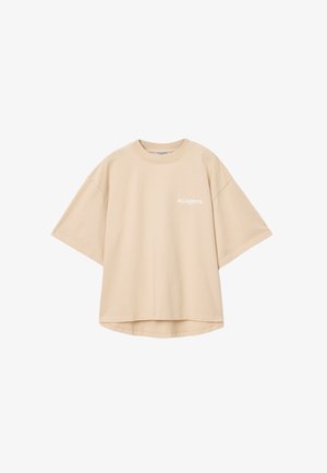 T-shirt oversize beige in cotone, con scollatura a girocollo e maniche corte. Testo "ALLSAINTS" stampato in bianco sul petto.