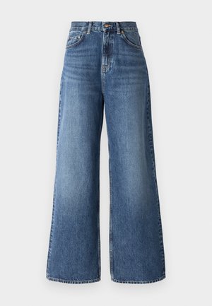High-waisted wide-leg jeans made of light blue denim, featuring a classic five-pocket design and subtle fading along the legs.