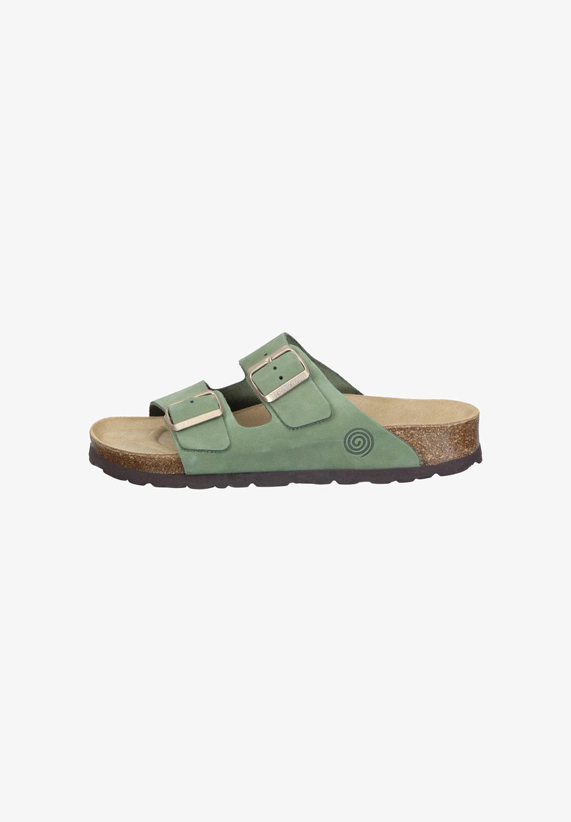 Grüne Wildleder-Sandale mit zwei verstellbaren Schnallen, Kork-Zwischensohle, flacher Gummisohle und einem runden Logo an der Seite.