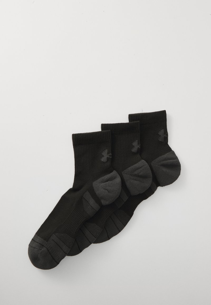 Black socks with ribbed texture, featuring a darker black toe and heel. Three pairs stacked, with a subtle logo on the side.