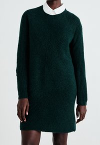 Una persona che indossa un vestito maglione di un verde scuro con maniche lunghe e una camicia bianca col colletto, in piedi su uno sfondo chiaro.