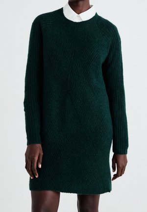 Una persona che indossa un vestito maglione di un verde scuro con maniche lunghe e una camicia bianca col colletto, in piedi su uno sfondo chiaro.